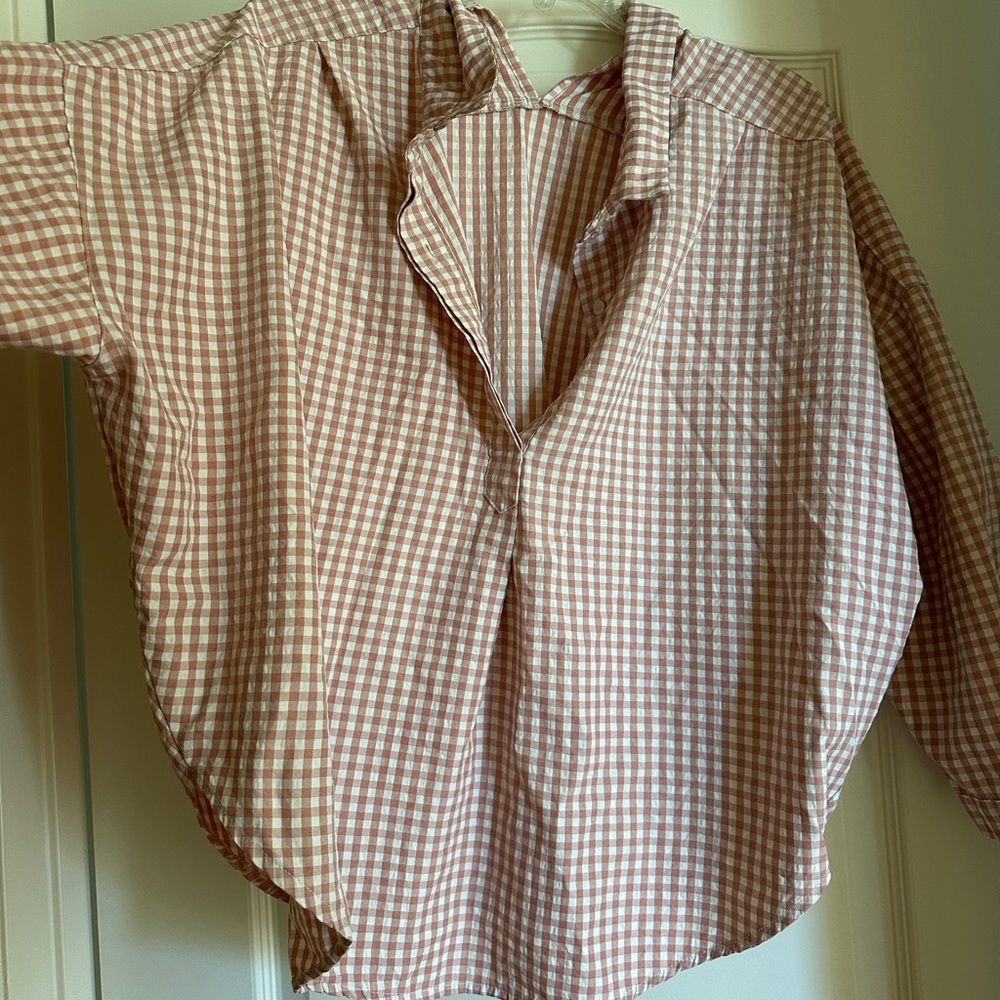 Zara Women's Checkered Button Down Shirt - Brown and White
